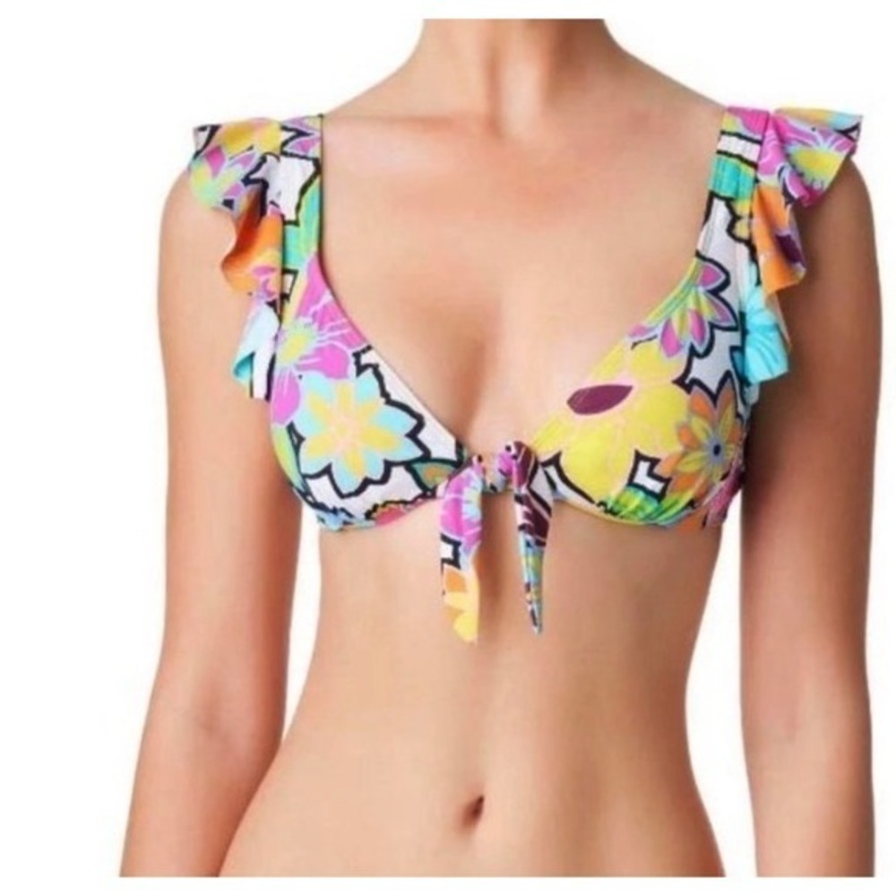 Bleu Rod Beattie Womens Floral Ruffle Tie Front Bikini Top RBCC23117 White 10